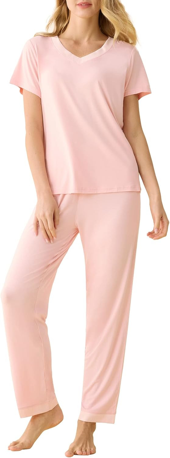 Latuza Women's V-neck Sleepwear Short Sleeves Top with Pants Pajama Set | Amazon (US)