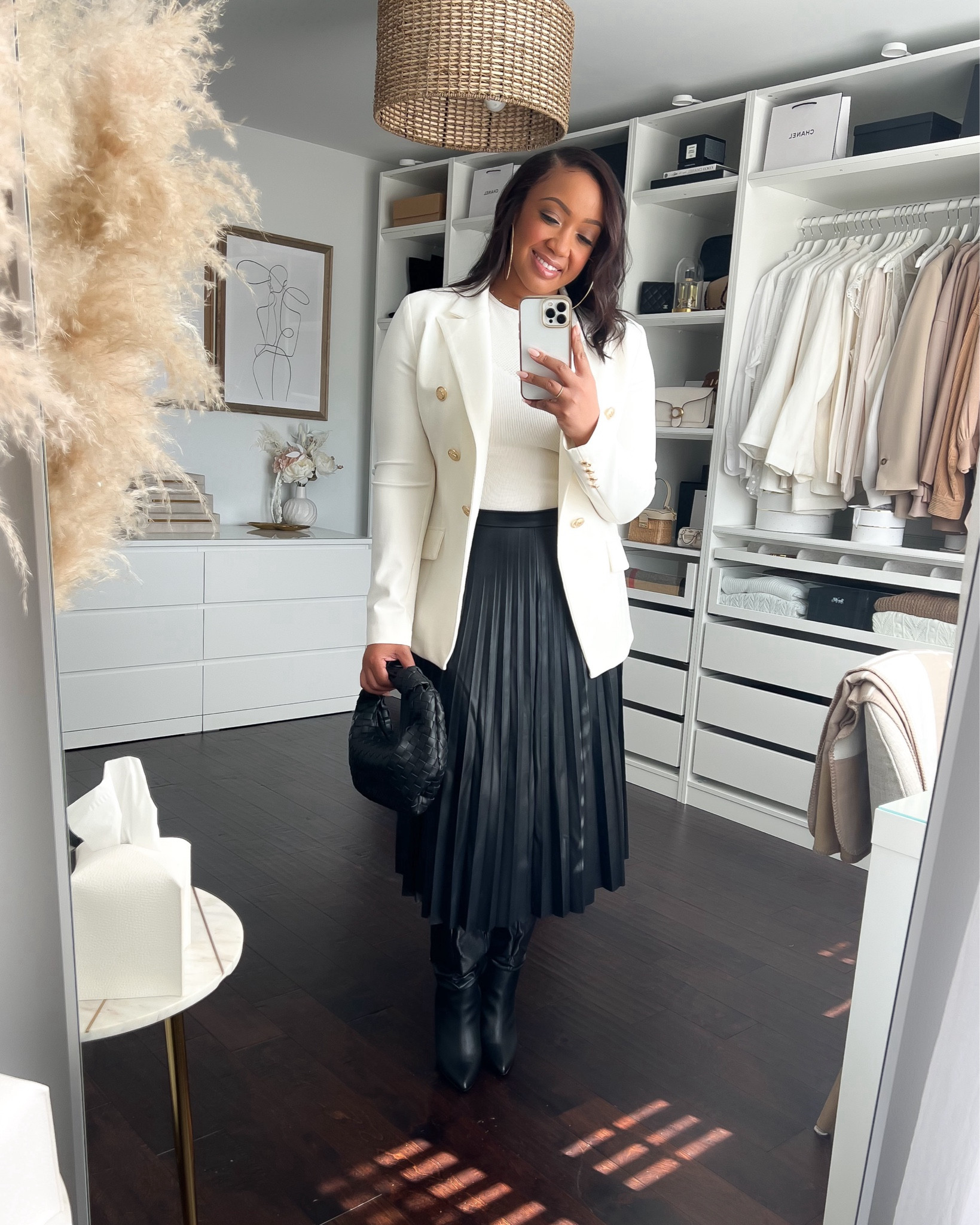 This faux leather pleated skirt is so good and I love it paired with this cream/ivory bodysuit and blazer! I sized up in the bodysuit and blazer to an XL and sized down in the skirt to a Medium! Perfect office look! 

#LTKfindsunder50 #LTKstyletip #LTKmidsize