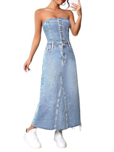 utcoco Denim Dress for Women Sexy Strapless Denim Tube Tops Back Smocked Jean Dresses for Women 2025 (X-Small, Blue) | Amazon (US)