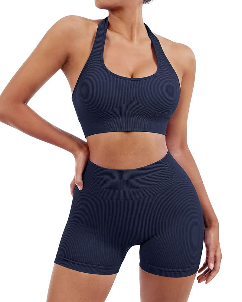 SUUKSESS Women Seamless Ribbed Workout Set Backless Sports Bra Booty Biker Short | Amazon (US)