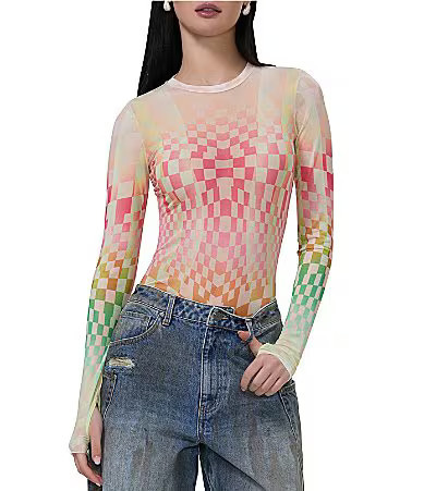 AFRM Kaylee Mesh Geometric Print Crew Neck Long Sleeve Top - S | Dillard's