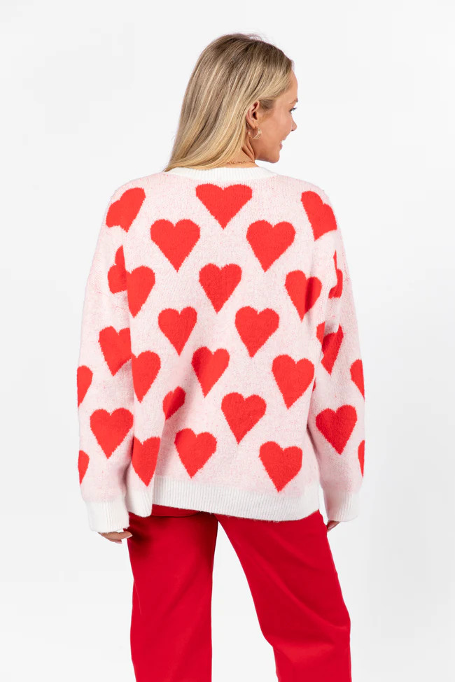 Falling For You Ivory and Red Oversized Pearl Embellished Heart Sweater | Pink Lily