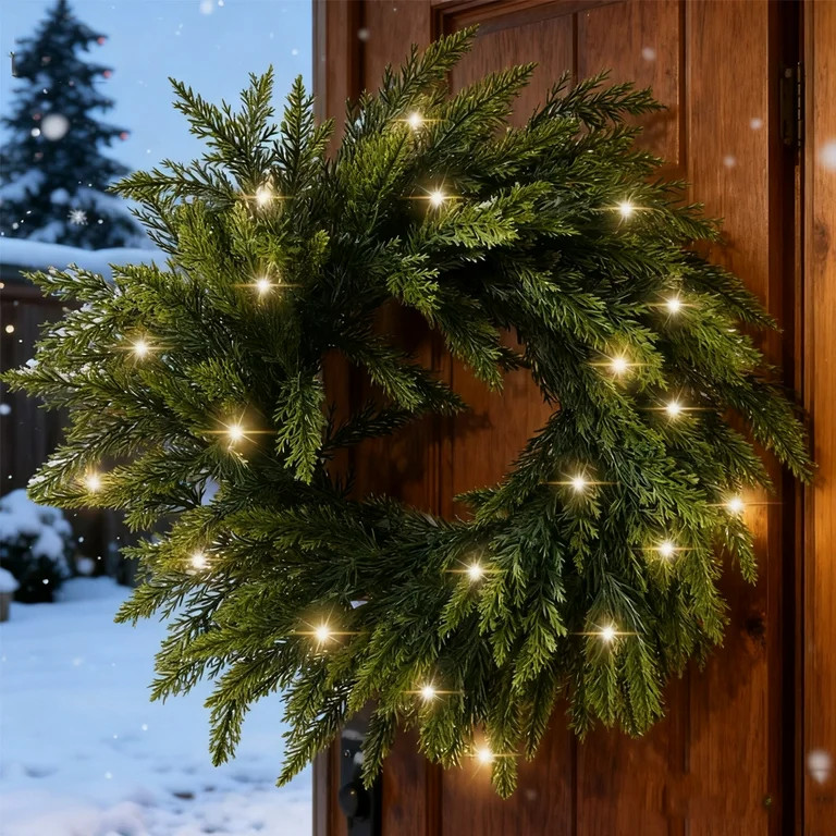 Pre-Lit Christmas Wreath -20 Inch Real Touch Norfolk Pine Wreath for Front Door, Lighted Christma... | Walmart (US)