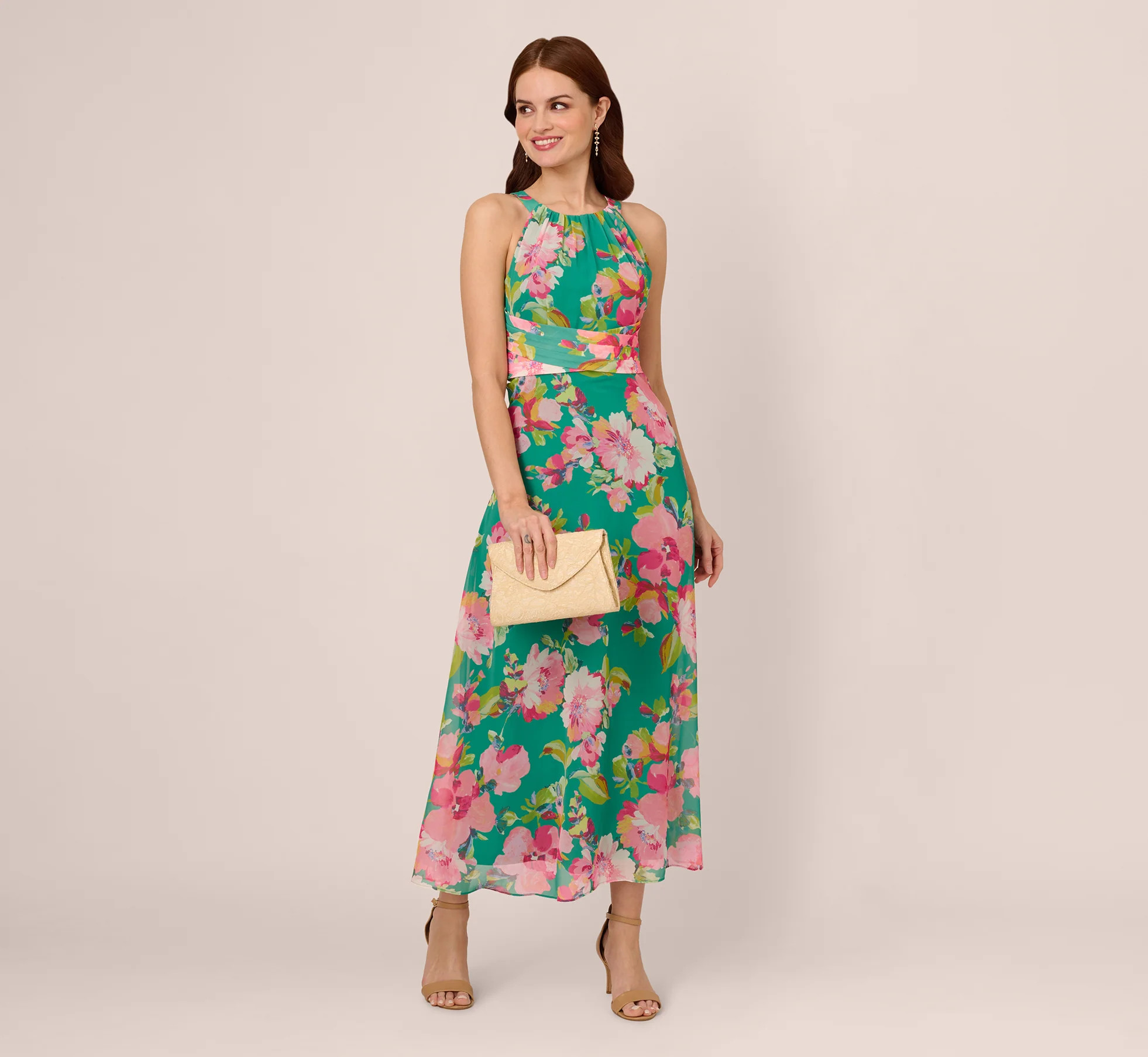 Floral Chiffon Halter Midi Dress In Green Multi | Adrianna Papell