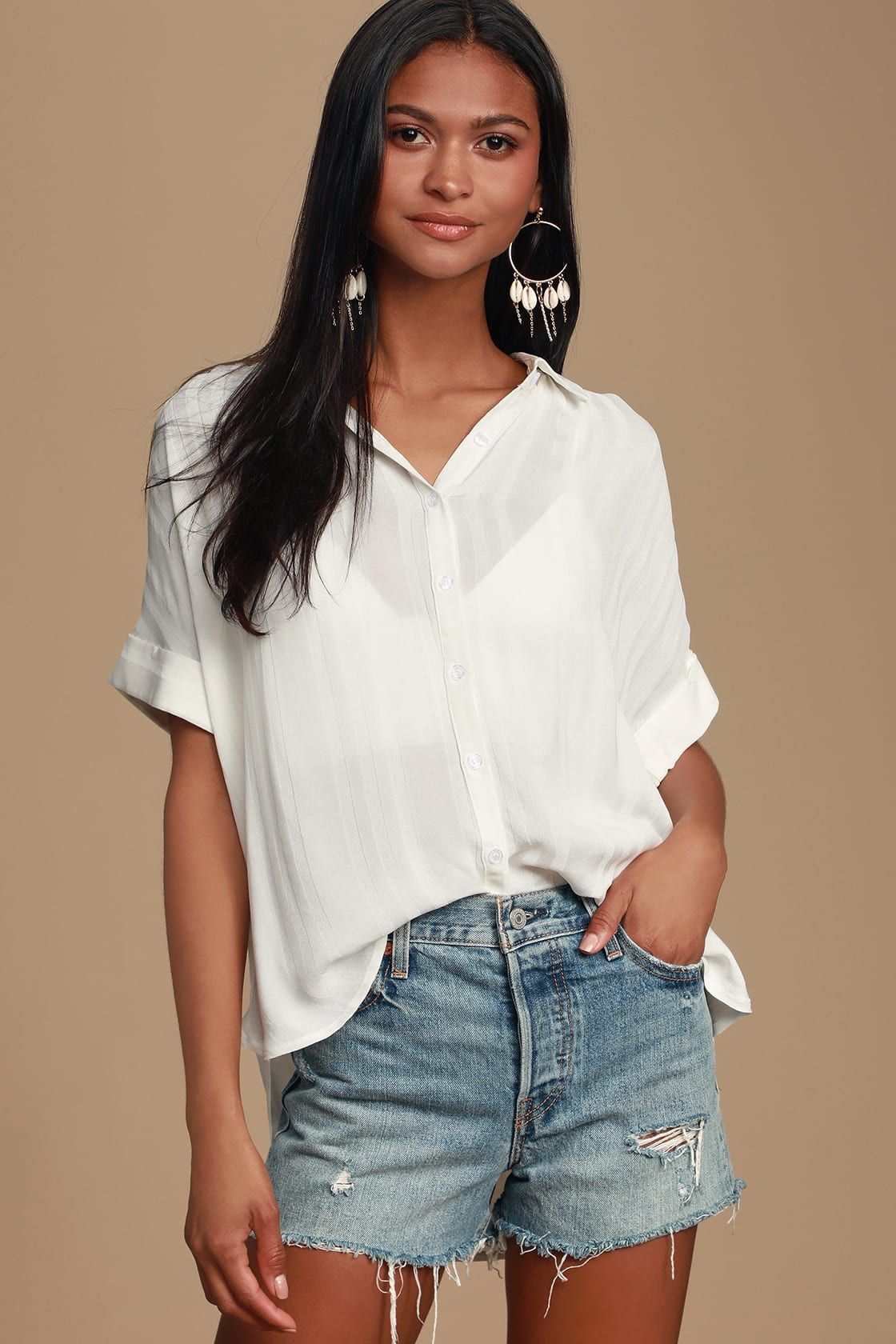 Everlee White Striped Button-Up Top | Lulus