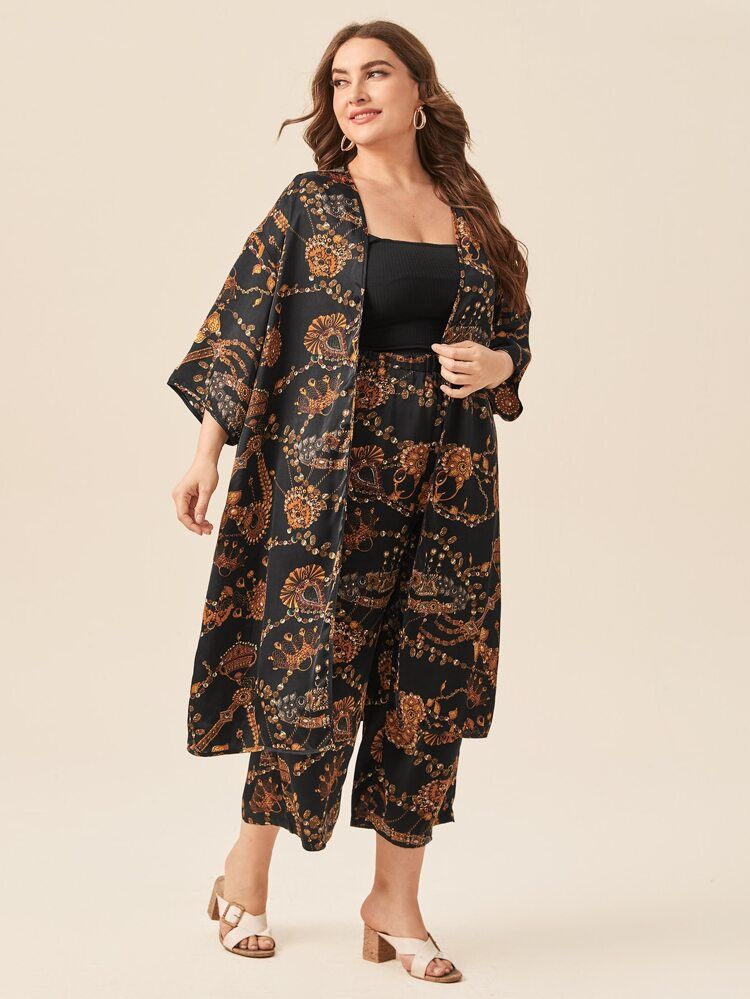 SHEIN Plus Necklace Print Drop Shoulder Kimono & Palazzo Pants Set | SHEIN
