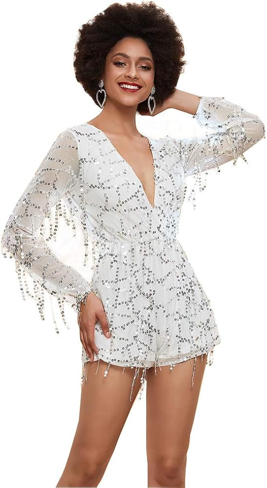 Miss ord Long Sleeve Slim Soft Lining Casual Jumpsuit Romper with Sequins - Latin Tango Salsa Dan... | Amazon (US)