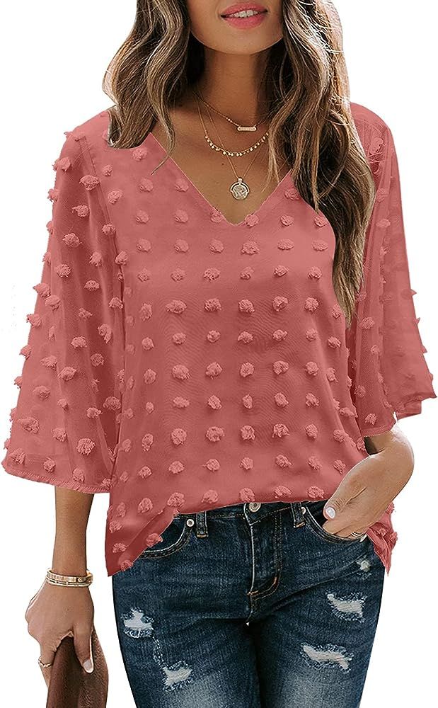 Lookbook Store Women's V Neck 3/4 Bell Sleeve Blouse Shirt Casual Swiss Dot Tops | Amazon (US)