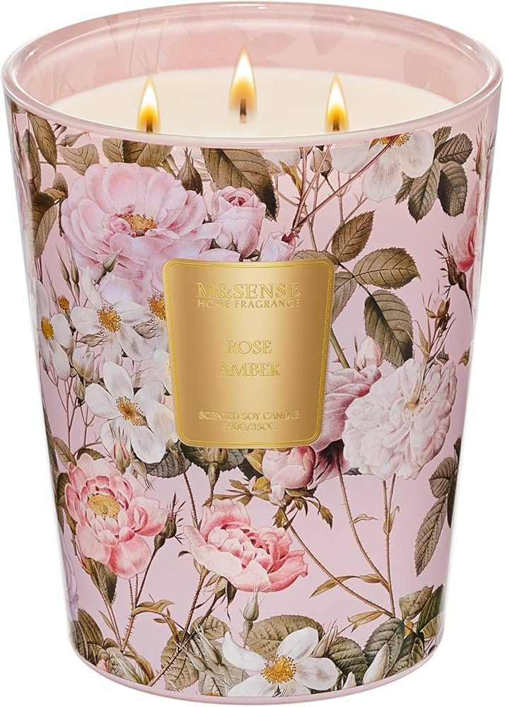M&SENSE Rose Amber Scented Candle Home Decor, Extra Large 3 Wick Natural Soy Wax Candles for Home... | Amazon (US)