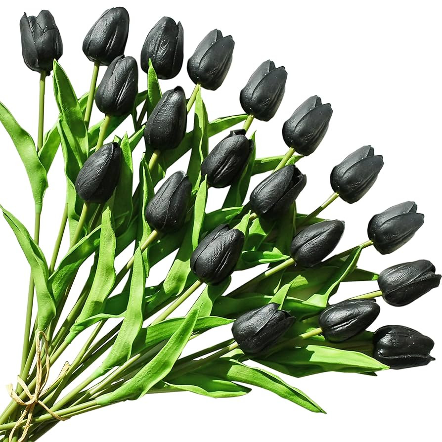 ONLY ART Artificial Black Tulips 20 Pcs – 13.5 Inch PU Faux Flowers with Bendable Stems for Hom... | Amazon (US)