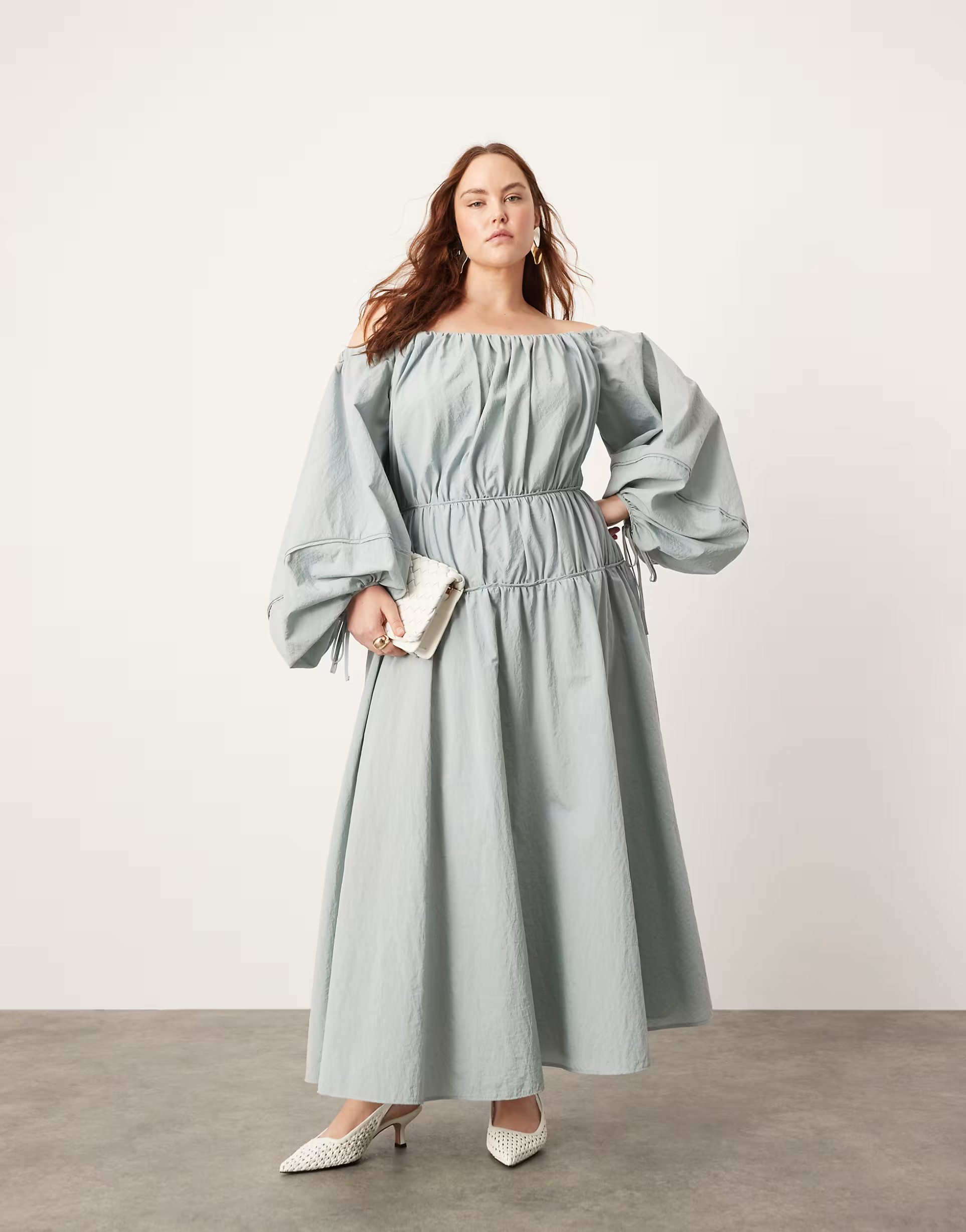 ASOS EDITION Curve bardot pleat detail maxi dress with balloon sleeves in blue | ASOS | ASOS (Global)