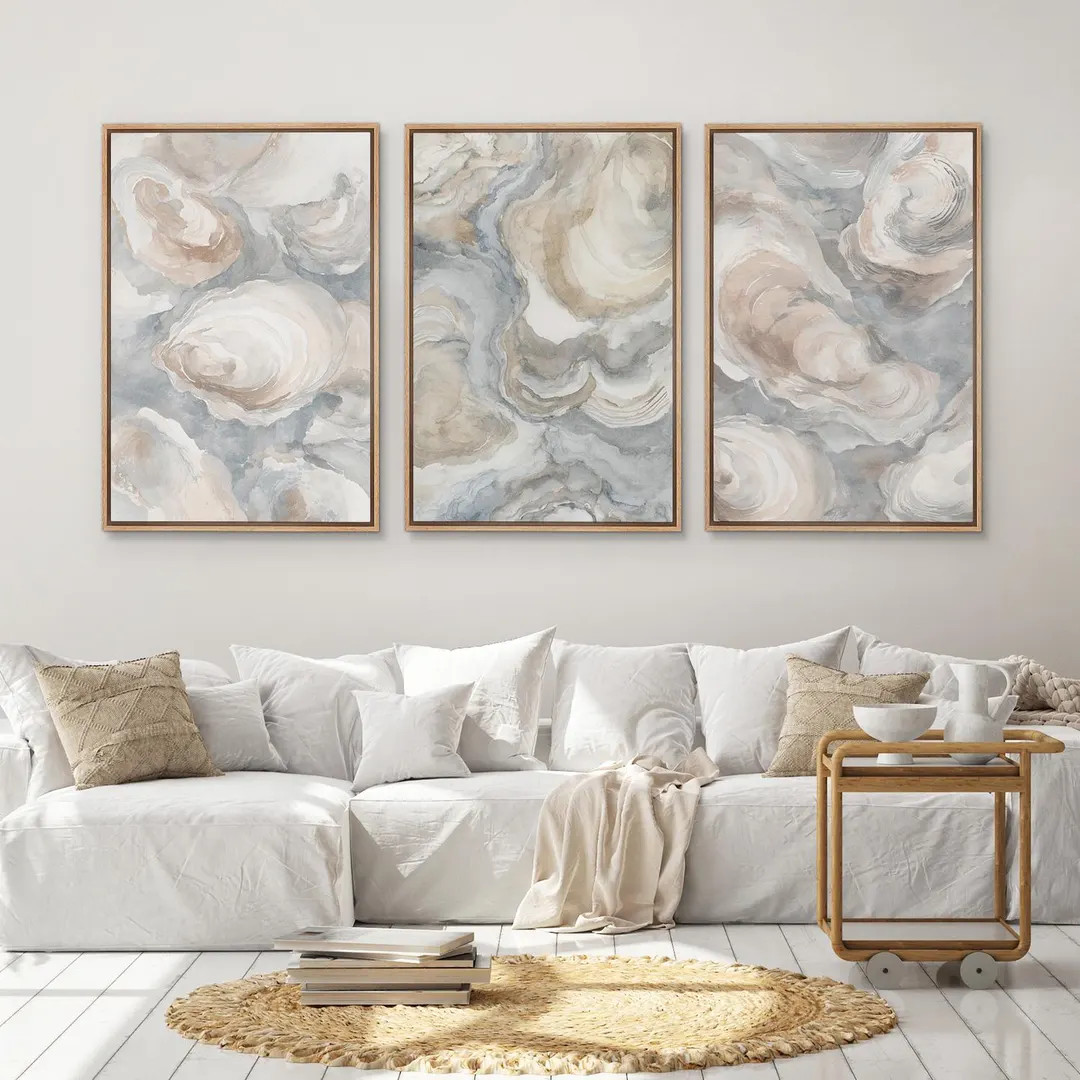 Abstract Oyster Shell Wall Art - Set of 3 Framed Coastal Watercolor Canvas Prints, Neutral Beige ... | Etsy (US)