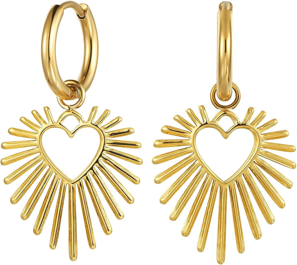 BUEMMR Thick 14K Gold Plated Heart Dangle Drop Earrings, Sparkling Dainty Earrings for Women Gift | Amazon (US)