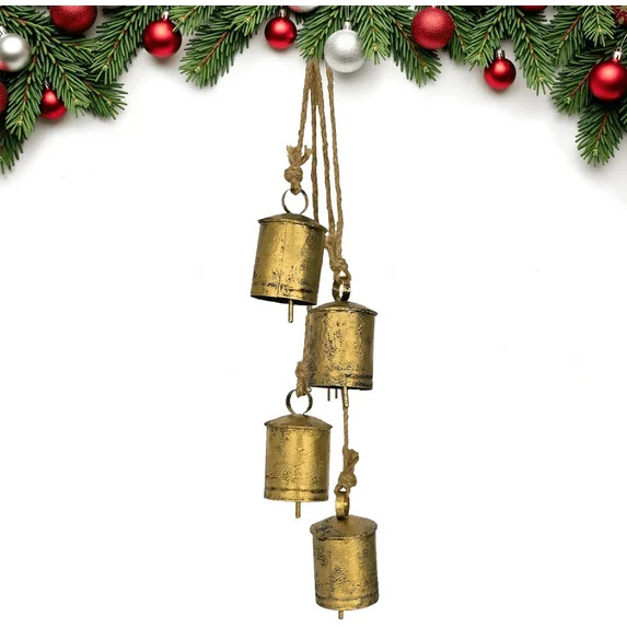 Ikfashoni 4 Count Large Christmas Bells with Jute Rope, 36.6" Rustic Brass Handicrafts Cow Bell S... | Walmart (US)