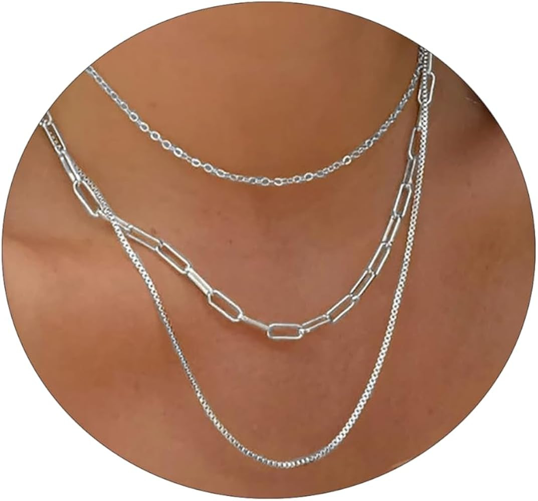 VIROMY Dainty Gold Necklace for Women 14K Gold Plated Layered Satellite Necklaces Trible Layering... | Amazon (US)