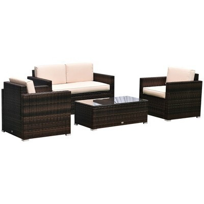 Outsunny 4-Piece Rattan Wicker Furniture Set, Outdoor Cushioned Conversation Furniture with 2 Chairs, Loveseat, and Glass Coffee Table, Beige | Target