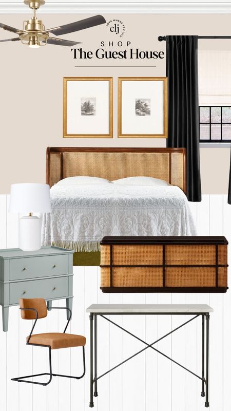 Shop the Guest House 🏠 

Ovation 52 in. Aged Brass 5-Blades Ceiling Fan, Heatherfield Bed, Windowpane duvet set, black curtain rods, black velvet curtains, ceramic table lamp, Del Ray trunk, metal frame brown chair, dining table, forest etchings, 2-drawer side table

#LTKU #LTKstyletip #LTKhome