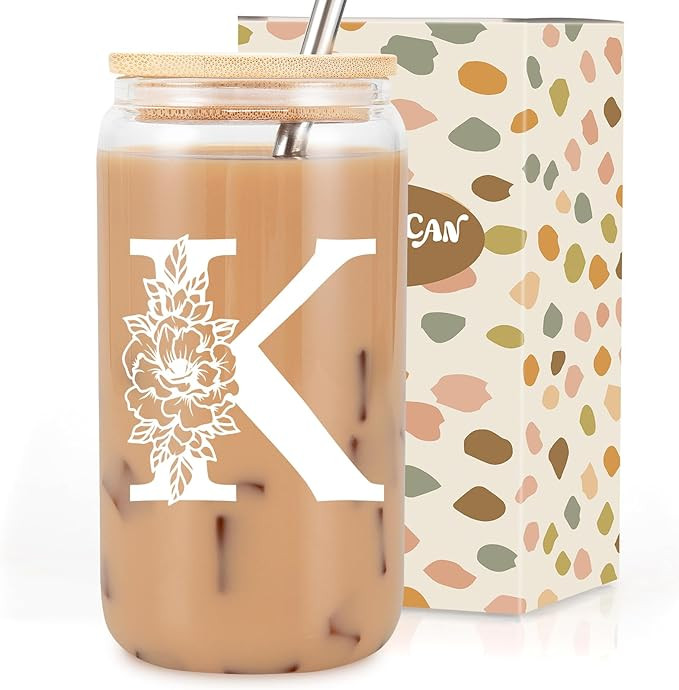 Coolife Initial Glass Cup, Monogrammed Gifts for Women, 16 oz Glass Cups w/Lids Straws, Iced Coff... | Amazon (US)