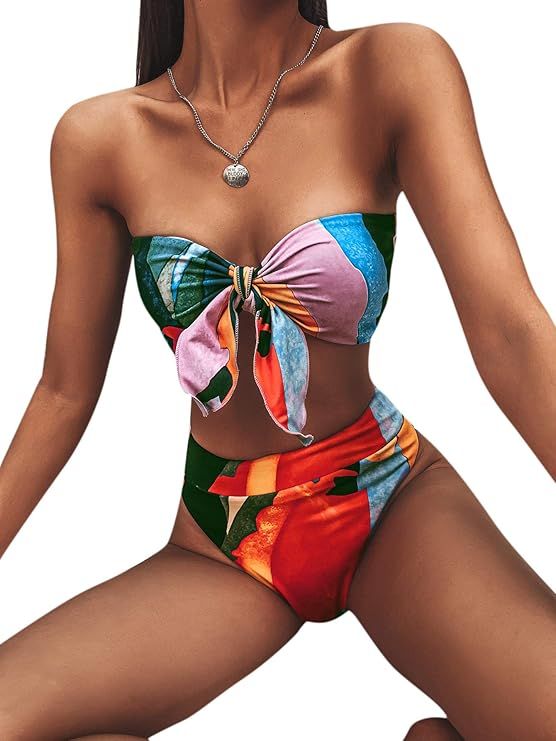 GORGLITTER Women's Bandeau Swimsuit Strapless Graphic Tie Front Tops High Waisted Bikini Set Bath... | Amazon (US)