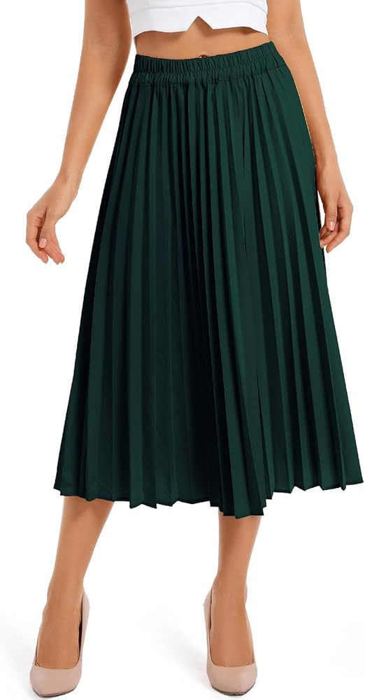 CRIDMPU Womens Classic Organ Skirt Midi Long Shirring Skirts High Waisted A Line Skirts | Amazon (US)