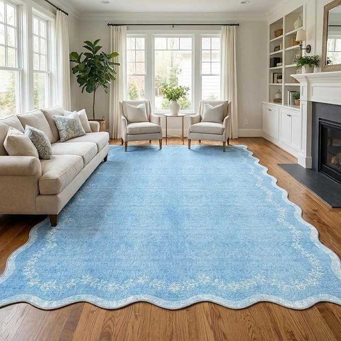 GarveeHome Scalloped Area Rugs 8x10 for Living Room, Solid Blue Large Washable Rug Soft Non Slip ... | Amazon (US)