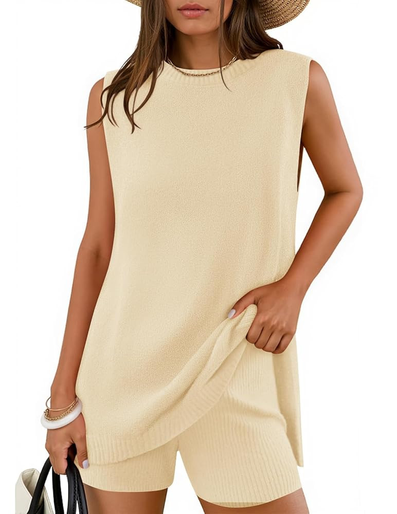 ZESICA Women's Summer 2 Piece Matching Long Sweater Shorts Sets 2025 Travel Resort Wear Sleeveles... | Amazon (US)