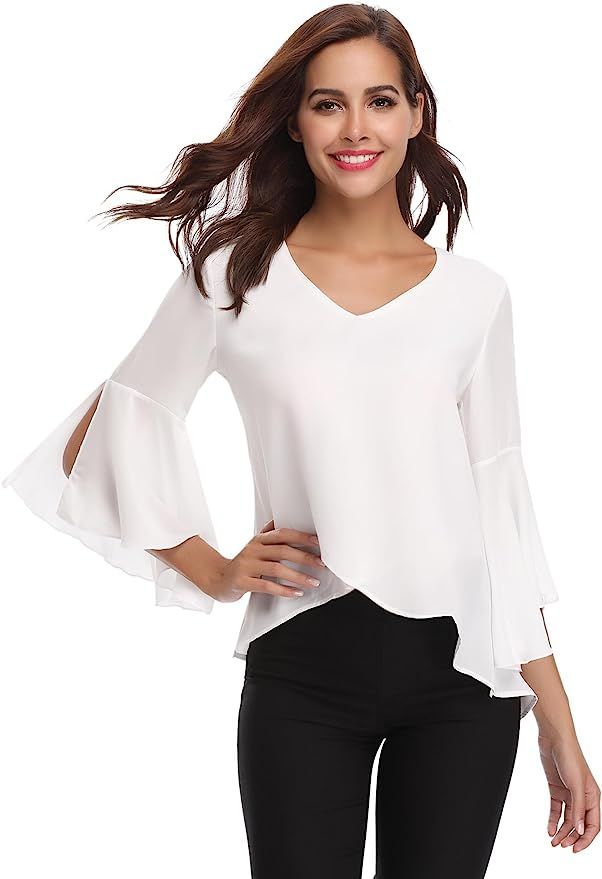 Abollria Women 3/4 Bell Sleeve Solid Chiffon Tunic Blouse Shirt | Amazon (US)