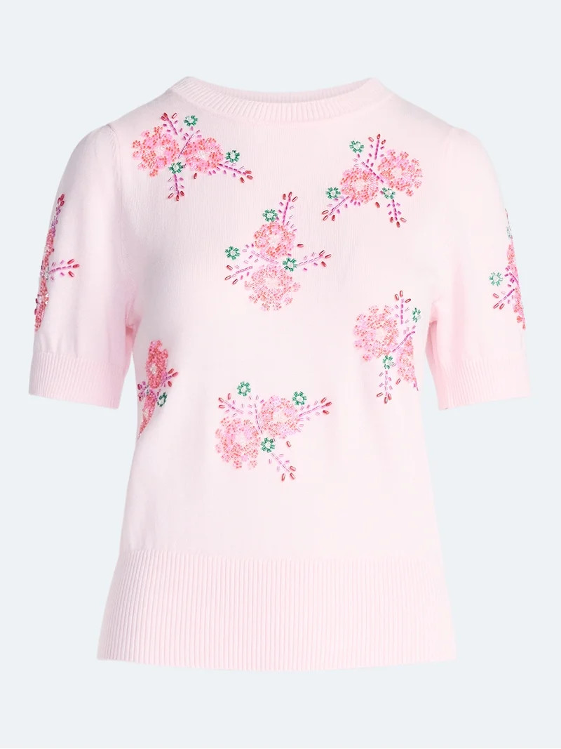Free Assembly Women's and Women's Plus Beaded Floral Sweater with Puff Sleeves, Lightweight, Size... | Walmart (US)