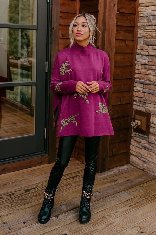 Cozy And Kind Cheetah Sweater In Royal Plum | Impressions Online Boutique