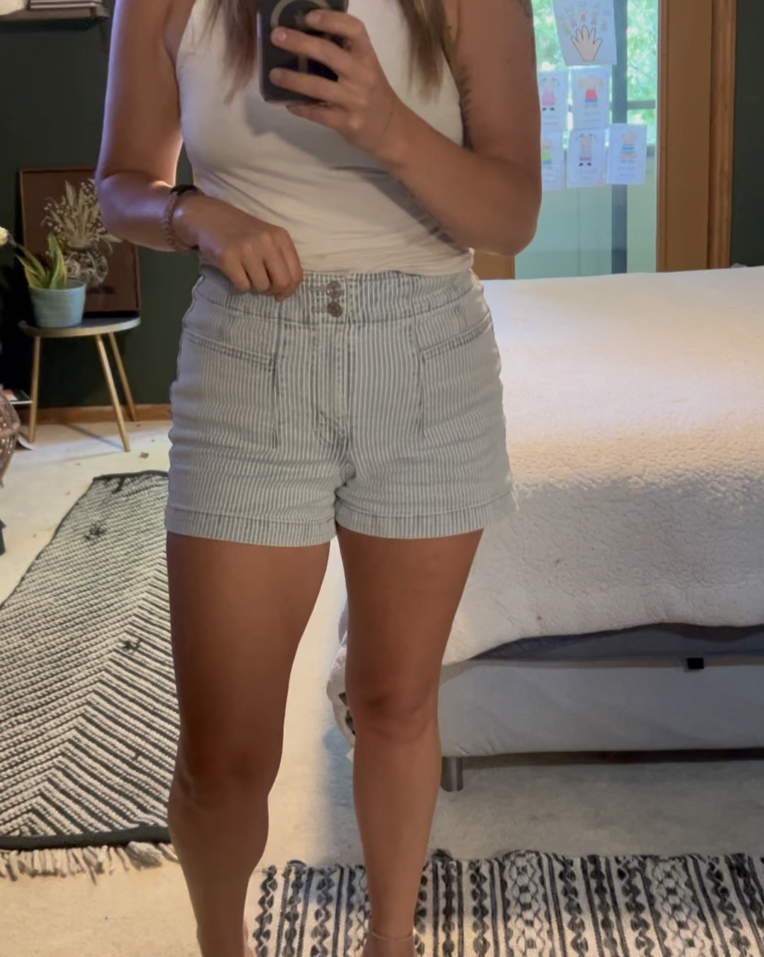 Perfect pin stripe short for work or play!!!! I’ve worn with just a tank & also a blazer with them to dress them up. I’m in a size 4. Very stretchy. Maybe size down one. 

#LTKWorkwear #LTKFindsUnder50 #LTKMidsize