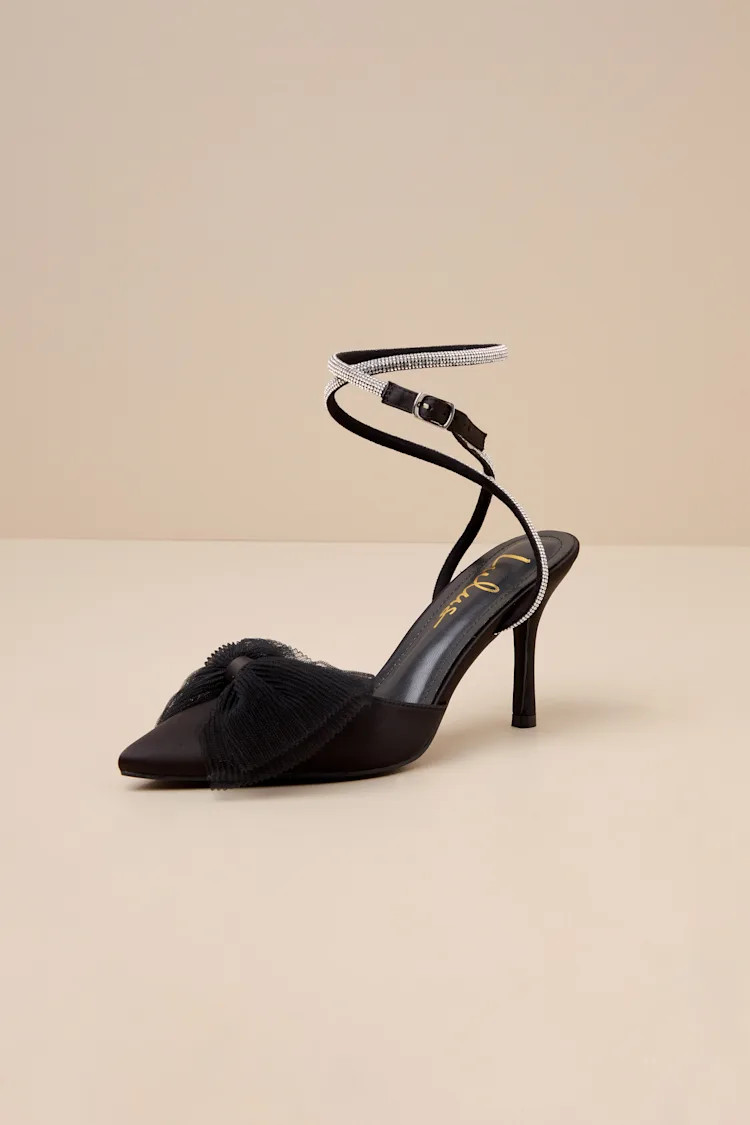 Lelanee Black Satin Rhinestone Bow Ankle Strap Pumps | Lulus