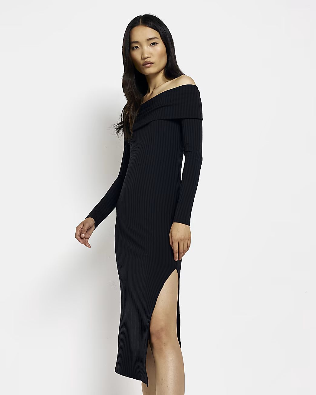 Black long sleeve bardot midi bodycon dress | River Island (UK & IE)