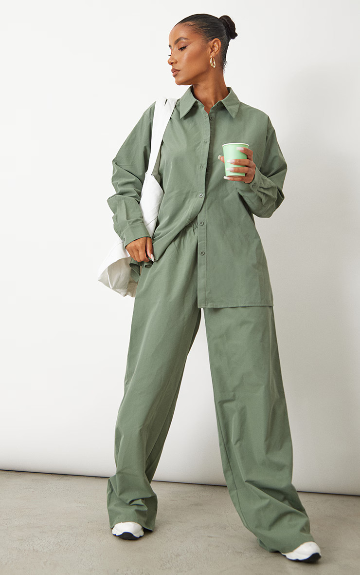 Sage Khaki Woven Oversized Wide Leg Pants | PrettyLittleThing US