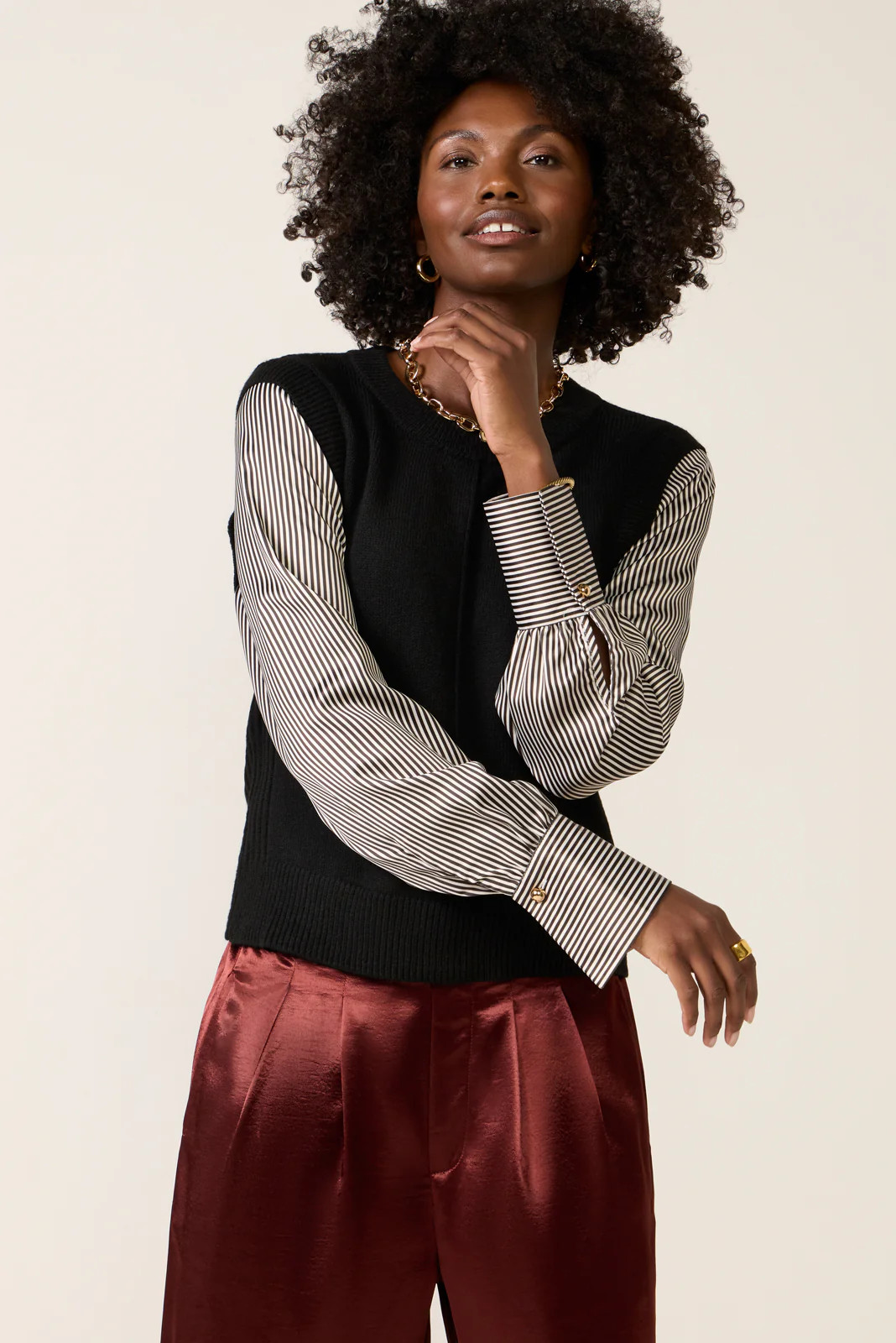 Dana Satin Sleeve Twofer Sweater | Evereve