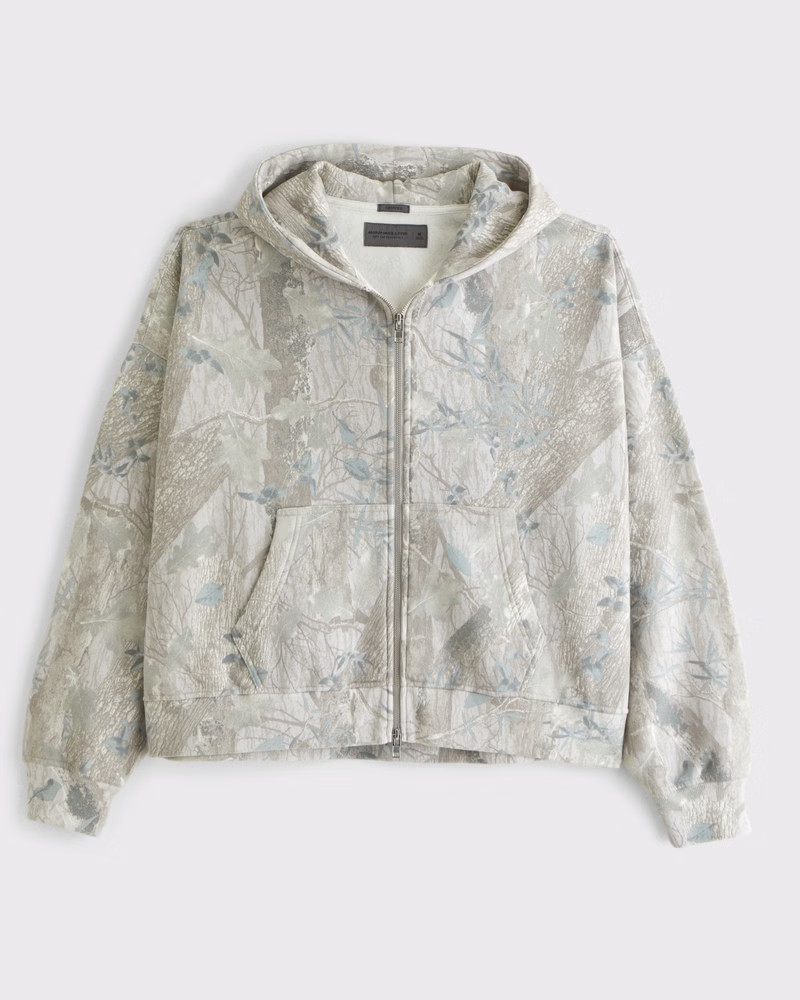 Abercrombie & Fitch Men's Cropped Essential Full-Zip Hoodie in Taupe Camo - Size XS | Abercrombie & Fitch (US)