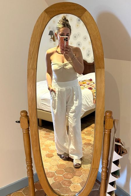 Beige strapless knit top (xs, runs a little big), white linen trousers (small short, tts)
France outfit idea 
Europe outfit 

#LTKeurope