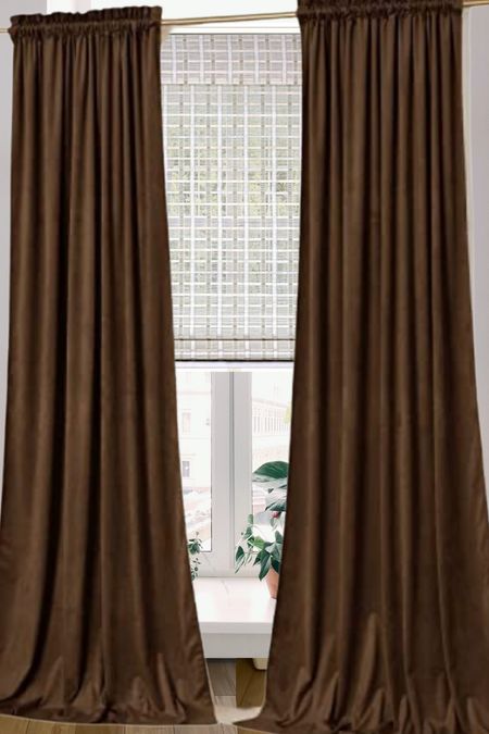Blackout bamboo roller blinds
Chocolate velvet drapes
Pinch pleat curtains
Gold curtain rod
Gold curtain clips

#LTKunder50 #LTKstyletip #LTKhome