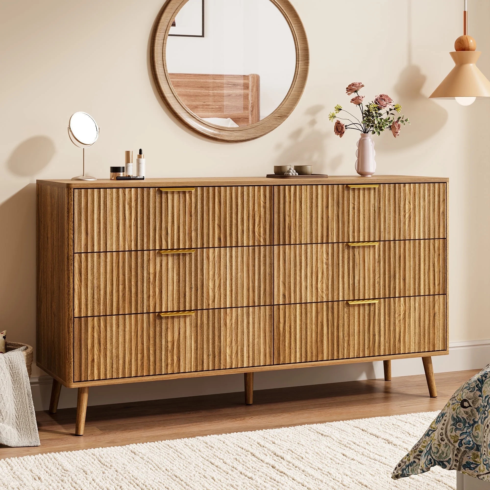 YouTrend Fluted 6 Drawers Dresser, 55.1" Wide Modern Chest of Drawers with Wood Foot, Dresser TV ... | Walmart (US)