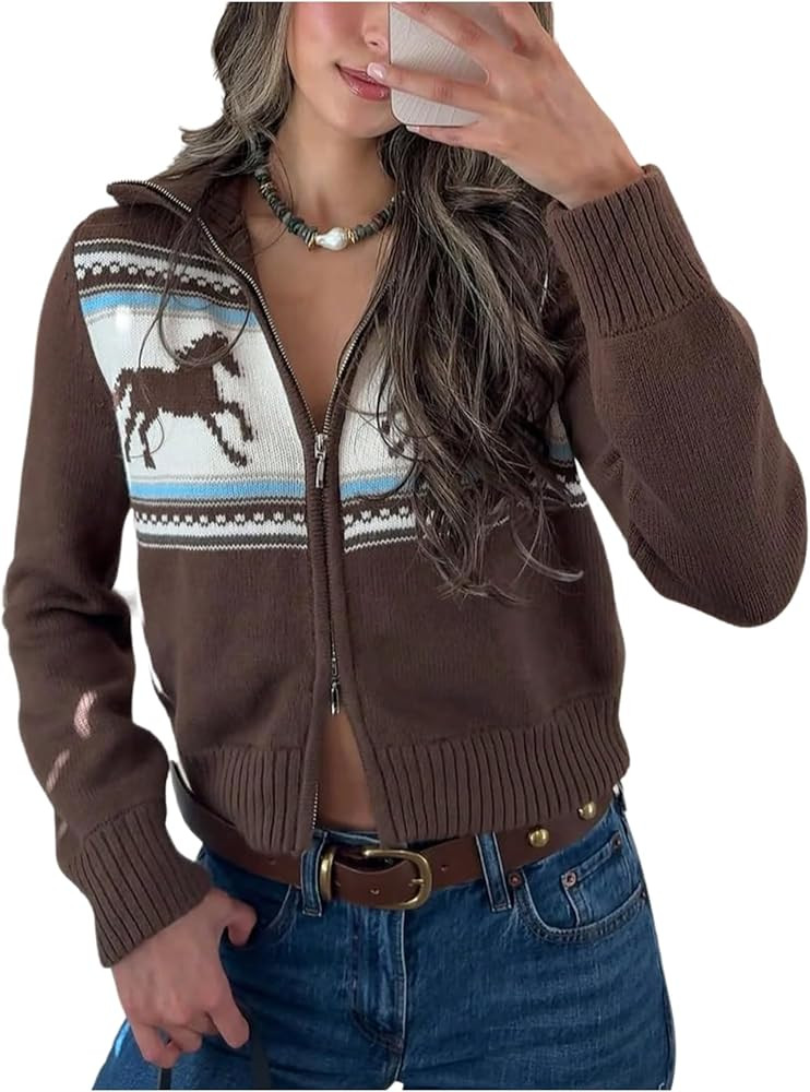 Verdusa Women's Zip Up Cardigan Sweater Graphic Knit Tops Cowgirl Outfits | Amazon (US)