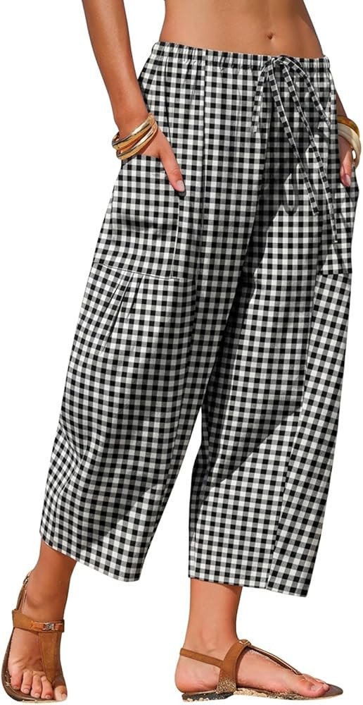 EXLURA Womens Cotton Faux Linen Gingham Barrel Capri Pants Plaid Palazzo Trousers Harem Pants Poc... | Amazon (US)