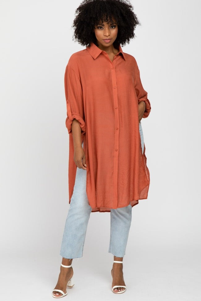Rust Button Front Side Slit Oversized Blouse | PinkBlush Maternity