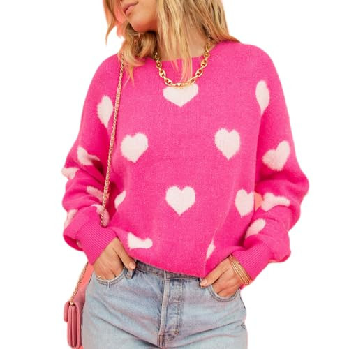 Women Valentines Day Sweater Long Sleeve Embroidery Heart Sweater Oversized Knitted Pullover Jumper Tops (Deep Rose, S) | Amazon (US)