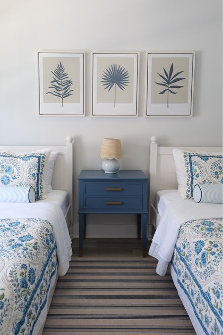 Coastal cottage bedroom, floral print quilt, striped rug, blue nightstand, wall art 

#LTKStyleTip #LTKFindsUnder100 #LTKHome