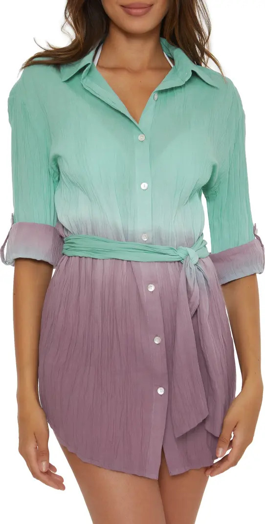 Becca Ombré Plissé Long Sleeve Tie Belt Cover-Up Shirtdress | Nordstrom | Nordstrom