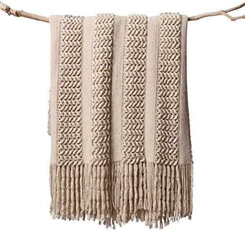 LIFEIN Knitted Tan Throw Blanket for Couch - Soft Fall Farmhouse Boho Throws, Cozy Knit Small Lightw | Amazon (US)