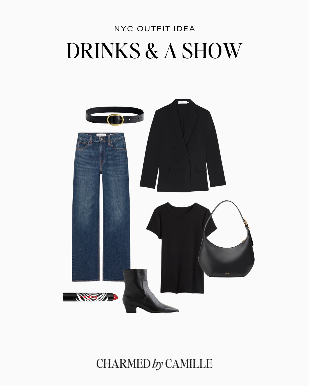 An easy NYC outfit for drinks and a show. A fitted black tee, wide-leg jeans, and a tailored blazer strike the right balance between casual and dressed up, while pointed-toe boots, a sleek shoulder bag, and red lipstick finish the look.  

 #LTKSeasonal