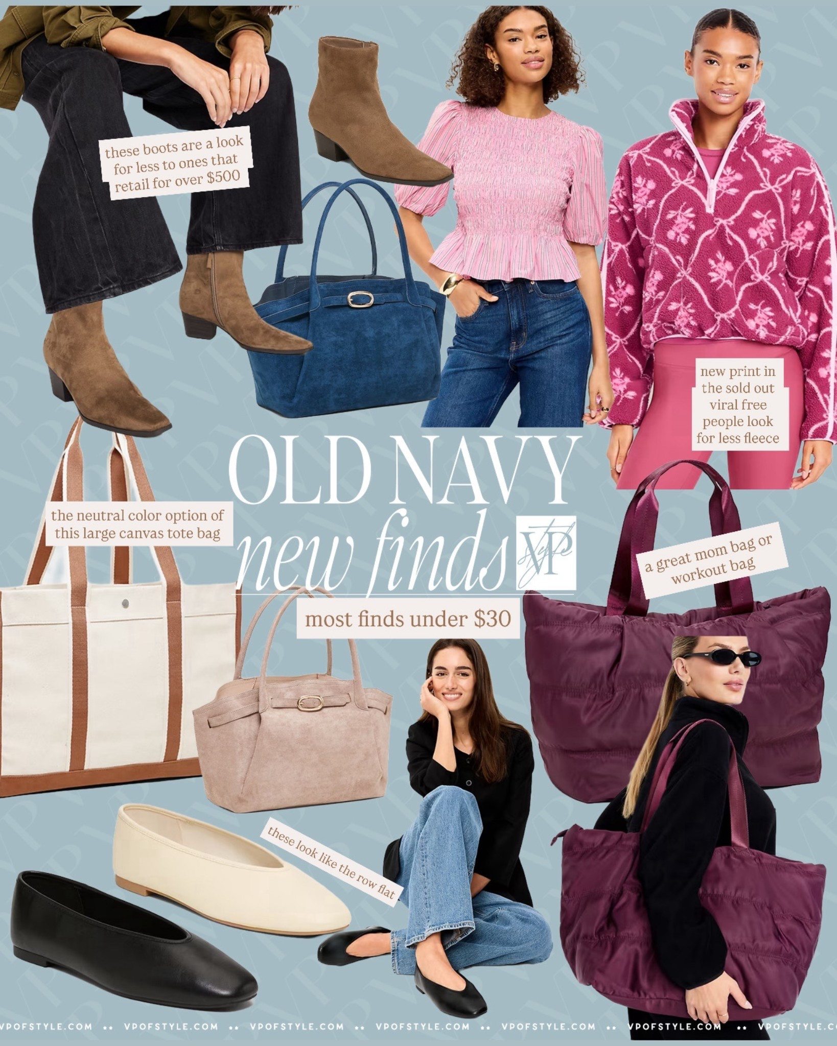 New affordable style finds from old navy. Most finds under $30. Look for less finds. Ballet flats that look like the row. Pretty handbags. Large quilted gym bag. Large canvas tote bags. The viral free people look for less fleece in a new print. Peplum top 

#LTKActive #LTKSaleAlert #LTKFindsUnder50