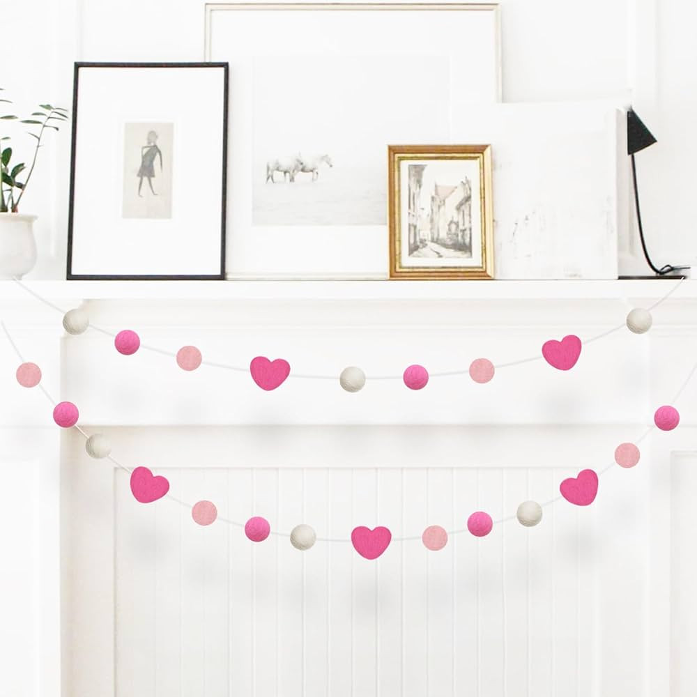 Valentine's Day Felt Garlands, Pink Colorful Ball and Heart Ball Felt Pom Pom Garland Banners for... | Amazon (US)