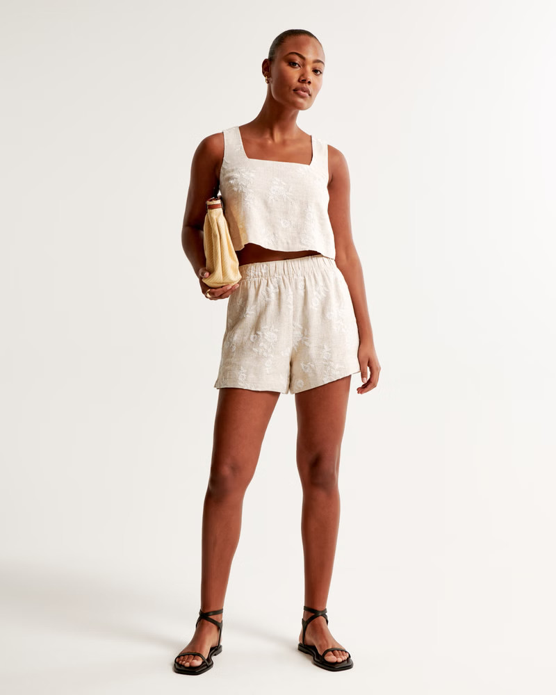 Women's Linen-Blend Embroidered Pull-On Short | Women's Matching Sets | Abercrombie.com | Abercrombie & Fitch (US)