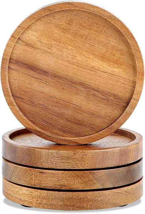 Acacia Wood Coasters with Lip for Drinks Set of 4, Wooden Drink Coaster Round for Decor Beverage Beer Cup Modern Bar Coaster with Non-Slip Pad Cup Coasters for Home Christmas Decor 3.94 Inch | Amazon (US)